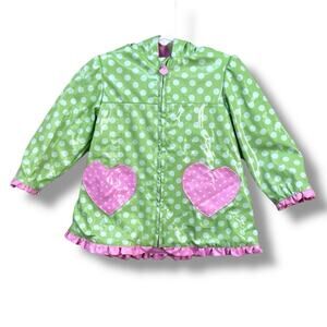 OshKosh B’gosh Girls Rain Jacket 18M Green Polka Dot Hooded Heart Pocket Ruffle